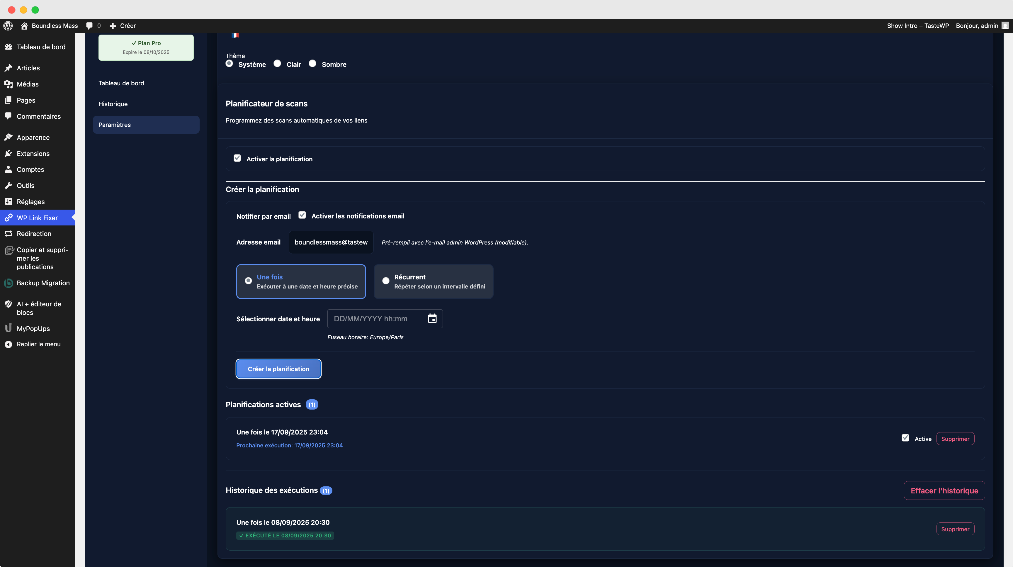 Capture d’écran LinkFixer – paramètres et options de scan